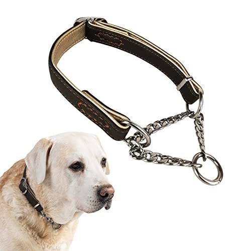 Komate Hundewürgehalsband Einstellbare Edelstahlkette Haustierhalsband Weiches Leder Anti-Entweichen Trainingsseite Würgehalsbänder für kleine mittlere Hunde (L Hals: 38-55cm, Dunkel Grün) von Komate