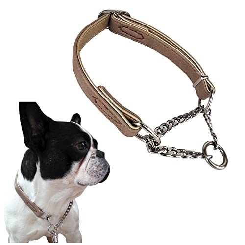 Komate Hundewürgehalsband Einstellbare Edelstahlkette Haustierhalsband Weiches Leder Anti-Entweichen Trainingsseite Würgehalsbänder für kleine mittlere Hunde (L Hals: 38-55cm, Khaki) von Komate