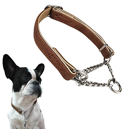 Komate Hundewürgehalsband Einstellbare Edelstahlkette Haustierhalsband Weiches Leder Anti-Entweichen Trainingsseite Würgehalsbänder für kleine mittlere Hunde (M Hals: 33-47cm, Braun) von Komate