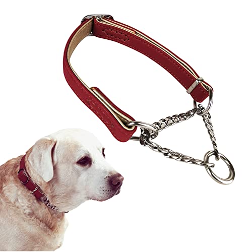 Komate Hundewürgehalsband Einstellbare Edelstahlkette Haustierhalsband Weiches Leder Anti-Entweichen Trainingsseite Würgehalsbänder für kleine mittlere Hunde (M Hals: 33-47cm, Rot) von Komate