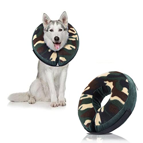 Komate Schützender Aufblasbarer Hundekragen Halskrausen für kleine mittelgroße Hunde Katzen Einstellbar Bequem Schutzkragen Krägen Haustiere Halsband Magic Reißverschluss (L, Camouflage) von Komate