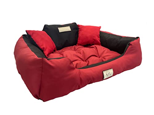 KomfortHome Premium Hunde- und Katzenbett mit Zwei Kissen - Waschbar, Wasserdicht, Kratzfest, PVC-Material - Perfekt für Komfort & Hygiene (115 x 95 cm, Rot) von KomfortHome