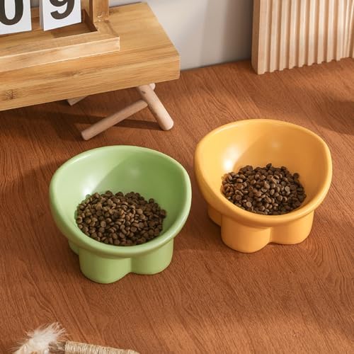 Komost Schnurrhaartfreundliche, erhöhte Katzenfutternäpfe, geneigte und erhöhte Keramikschalen für Indoor-Katzen und kleine Hunde, Anti-Erbrechen-Design, ideal für flache Rassen (Gelb) von Komost