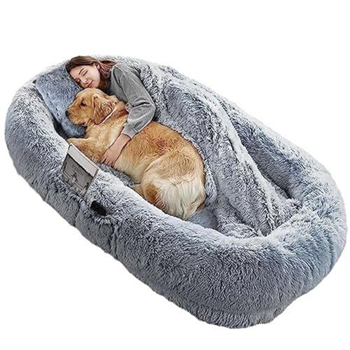 Hundebett Menschliche Größe mit Decke Memory-Schaum Matratze rutschfeste Unterseite Kunstpelz Haustierbett für Erwachsene Abnehmbare Abdeckung Menschliches Hundebett(Gray,165cm*100cm*25 cm) von Koncey