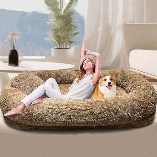 Hundebett für Menschen Sitzsack Hundebett Sofa Riesiges Hundebett Grosse Hunde Waschbar Katzenbett Hundekörbchen Memory-Schaum Orthopädische Matratze(Khaki,165cm*100cm*25 cm) von Koncey