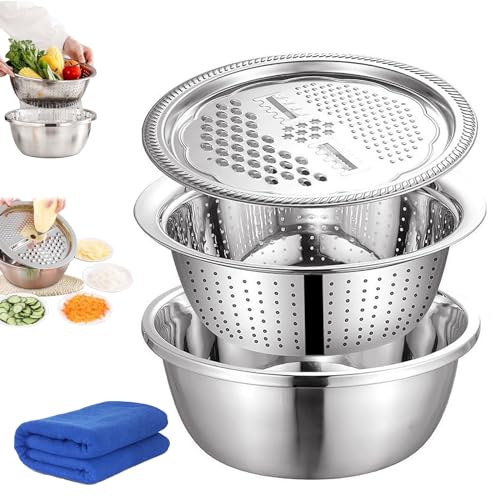 Konenbra Germany Multifunctional Stainless Steel Basin - Multifunctional Stainless Basin, Multifunctional Stainless Steel Basin, 3 In 1 Grater Colander Strainer Set (A-9.45in) von Konenbra