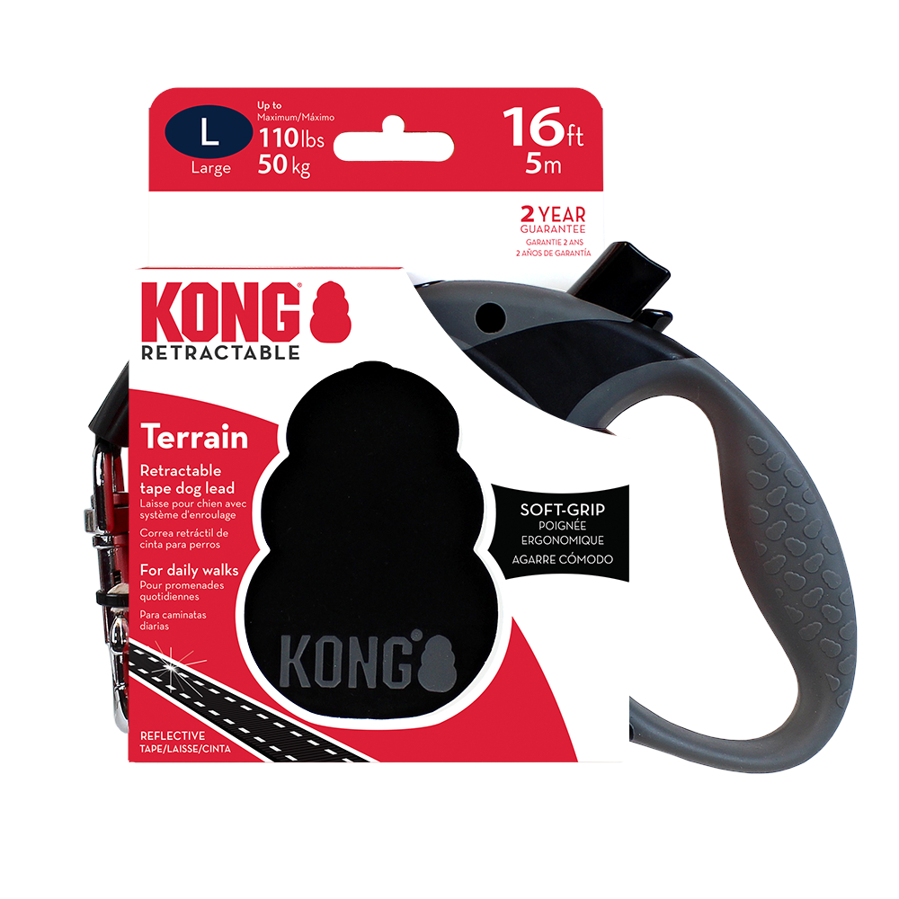 KONG Terrain Einziehbare Leine Schwarz  - Größe L: bis 50 kg, Gurt-Länge ca. 5 m von Kong