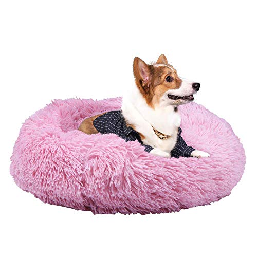 Beruhigendes Haustierbett für Katzen und kleine und mittelgroße Hunde, mit erhöhtem Rand, flauschiges Plüsch-Hundebett, Donut-Nest, warmes verdicktes Welpenkissen, Pink, 40 cm von KongEU