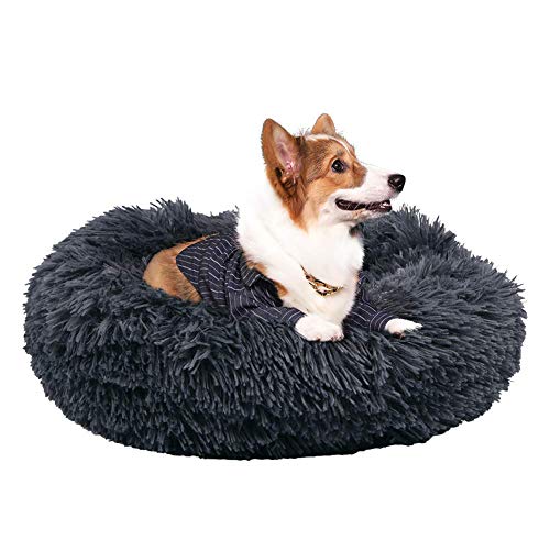 Beruhigendes Haustierbett für Katzen und kleine und mittelgroße Hunde, mit erhöhtem Rand, flauschiges Plüsch-Hundebett, Donut-Nest, warmes verdicktes Welpenkissen, dunkelgrau, 60 cm von KongEU