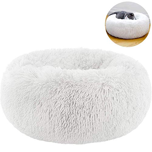 Haustierbett Plüsch Katzenbett rund weich Schlafmatte Bett Decke Kissen Bett waschbar Winter Warm Nest Höhle für Katze Kätzchen Welpen-L:70CM-Weiß von KongEU