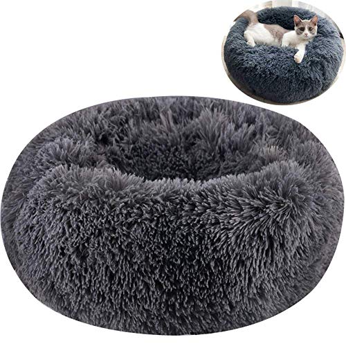 Haustierbett Plüsch Katzenbett rund weich Schlafmatte Bett Decke Kissen Bett waschbar Winter Warm Nest Höhle für Katze Kätzchen Welpen-L:70CM-dunkelgrau von KongEU