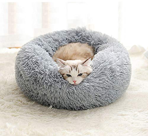 Katzenbett Weich Kissen Betten für Katzen,Warm Plüsch Runden Katze Schlafen Bett Kleine Hund Bett Haustierbett katzenkorb Katzensofa in Doughnut-Form-Light Gray von KongEU