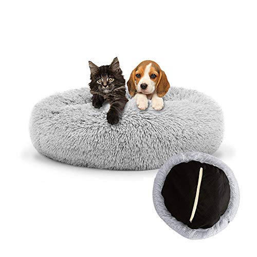 KongEU Abnehmbares Hundebett aus Kunstfell, Donut-flauschiges Plüsch-Katzenbett mit rundem Kissen, warme Sofa-Höhle für Katzen/kleine, mittelgroße und große Hunde von KongEU