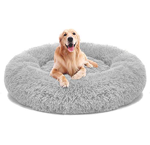 KongEU Deluxe Weich Hundebett Sofa Waschbar Rundes Donut Plüsch Hundekissen für große und extra große Hunde Katzen,Warmes Hundekörbchen,Wasserfeste Unterseite-120cm-Hellgrau von KongEU