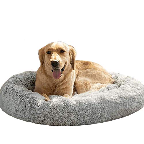 KongEU Deluxe weich Hundebett Sofa waschbar Rundes Plüsch Hundekissen Katzenbett in Doughnut-Form für große und extra große Hunde,Wasserfeste Unterseite-L:80CM-Grau von KongEU