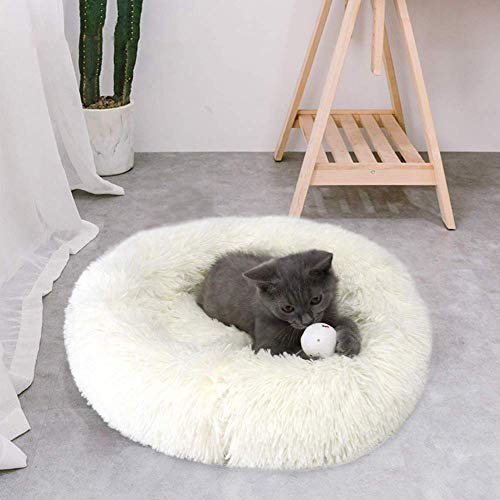 KongEU Donut-Hunde-/Katzenbett, Kunstfell, Hundebetten für mittelgroße und kleine Hunde, selbstwärmend, rundes Kissen, Kuschelhöhle, Beruhigendes Hundebett, rutschfeste Unterseite, waschbar, XL-Weiß von KongEU