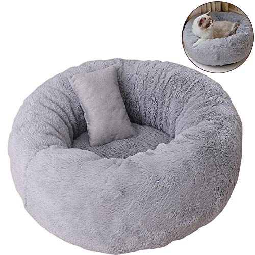 KongEU Komfortables und warmes Kuschelbett,rundes Donut Tierbett Katzensofa Haustier Katzenbett,für Vier Jahreszeiten,Sheri,luxuriöser Schagfell,Fuax-Fell,Donut-Kuschel-Grau-L-60 * 60 * 22 cm von KongEU