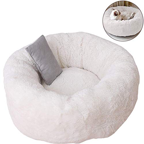 KongEU Komfortables und warmes Kuschelbett,rundes Donut Tierbett Katzensofa Haustier Katzenbett,für Vier Jahreszeiten,Sheri,luxuriöser Schagfell,Fuax-Fell,Donut-Kuschel-Weiß-L-60 * 60 * 22 cm von KongEU