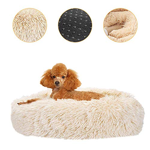 KongEU Weiches Warmes Haustierbett,Hundekissen,Katzenbett,atmungsaktiv,Anti-Rutsch-Boden,luxuriöses Fell-Donut-Design,Extra weich gepolstert-XL:80 * 80 * 20cm(LxBxH)-beige von KongEU