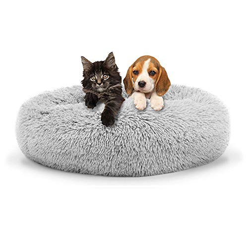 Luxuriöses weiches Hundebett, rund, extra groß, beruhigendes Haustierbett, Plüsch, selbstwärmend, waschbar, Hundehütte, Hundesofa für große Hunde, Durchmesser 100 cm, Hellgrau von KongEU