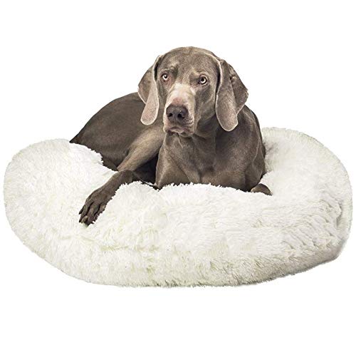 Luxuriöses weiches Hundebett, rund, extra groß, beruhigendes Haustierbett, Plüsch, selbstwärmend, waschbar, Hundehütte, Hundesofa für große Hunde, Durchmesser 100 cm, Weiß von KongEU