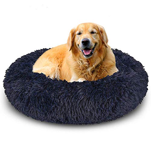 Luxuriöses weiches Hundebett, rund, extra groß, beruhigendes Haustierbett, Plüsch, selbstwärmend, waschbar, Hundehütte, Hundesofa für große Hunde, Durchmesser 110 cm, Dunkelgrau von KongEU