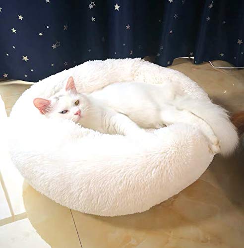 Warm Haustierbett Schöne Katzenkissen Donut-Kuschel Kissen Kuschelnest Hundebett Weiches Plüsch Katzenbett mit Rand,rutschfest Matratze für Kleine,Mittelgroße Hunde Katzen-L-70cm-Weiß von KongEU