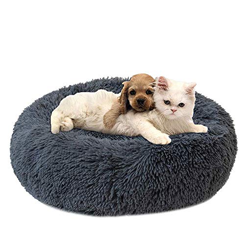 Weich Warm Hundebett Langes Plüsch Haustierbett für kleine und mittelgroße Hund Katze,Donut Form Rund Bett Waschbar Hundesofa Katzensofa-Dunkelgrau-60x60cm von KongEU