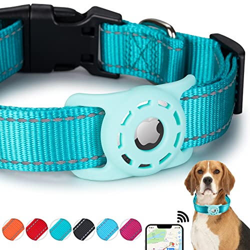 KONITY Reflektierendes AirTag Hundehalsband, kompatibel mit Apple AirTag, Nylon Haustier Katze Welpen Halsband mit Silikon AirTag Halter für kleine, mittelgroße, große und extra große Hunde von Konity