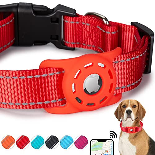 KONITY Reflektierendes AirTag Hundehalsband, kompatibel mit Apple AirTag, Nylon Haustier Katze Welpen Halsband mit Silikon AirTag Halter für kleine, mittelgroße, große und extra große Hunde von Konity