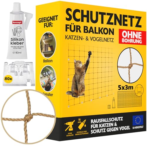 Konzept 11 - Katzennetz für Balkon Ohne Bohren Set 5x3M, Vogelabwehr Sicherheitsnetz für Fenster, Balkon, Katze, Starker Balkonnetz Vogelschutznetz Volierennetz von Konzept 11