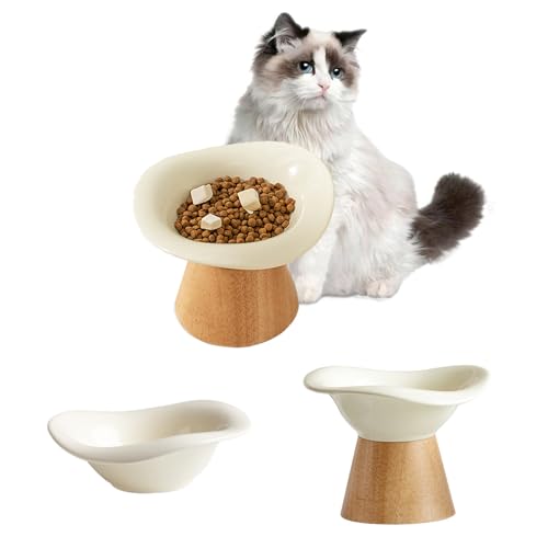 Futternapf Katze Erhöht aus Keramik mit Holzständer, Erhöhter Katzennapf für Fressnapf und Wassernapf, Nackenschutz Design, Napferhöhung Katzen für Katzen, Hunde und Welpen, 250ML (Weiß) von KoolYouth