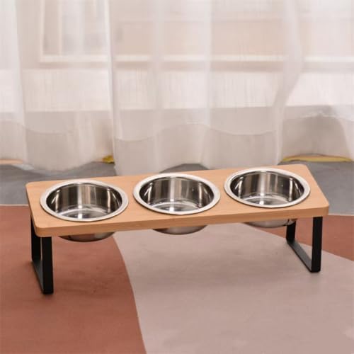 Katzennäpfe Erhöht 3er Set, Katzen Futternapf mit 15°Gekippte Holz Ständer, Upgrade Ergonomischer Futterstation Katze mit Edelstahl Näpfe für Wasser Futter, Hundenapf für Katzen und Kleine Hunde von KoolYouth