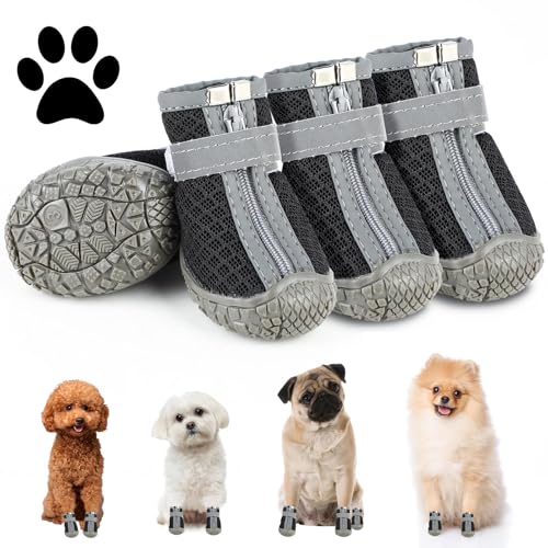 Hundeschuhe Pfotenschutz Outdoor, 4 Stück Hunde Schuhe mit Reflektierendem Klettverschluss, Atmungsaktive Hundestiefel, Verstellbarer Pfotenschutz Hund für Kleine und Mittlere Hunde (Schwarz, 1) von KoolYouth