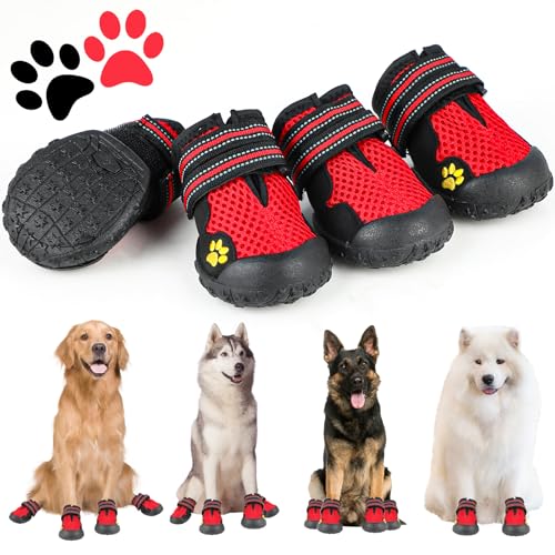 Hundeschuhe Pfotenschutz Outdoor, 4 Stück Hunde Schuhe mit Rutschfester Sohle, Hundestiefel mit Reflektierendem Klettverschluss, Verstellbarer Pfotenschutz Hund für Mittlere und Große Hunde (Rot, 5) von KoolYouth