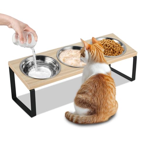 Katzennäpfe Erhöht 3er Set, Katzen Futternapf mit 15°Gekippte Holz Ständer, Ergonomischer Futterstation Katze mit Edelstahl Näpfe für Wasser Futter, Hundenapf Erhöht für Katzen und Kleine Hunde von KoolYouth