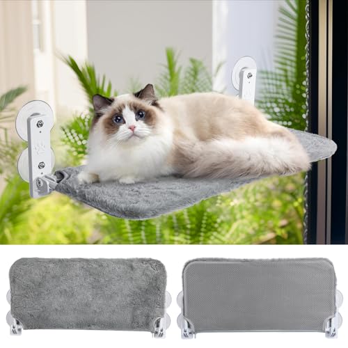 Fensterliege für Katzen Große, 60x30cm Klappbar Katzen Hängematte, Katzenbett Fenster Katzenhängematte mit Starkem Saugnapf bis18kg, Abnehmbar Katzenliege Fenster Katzenbett Fensterbank, Grau von KoolYouth