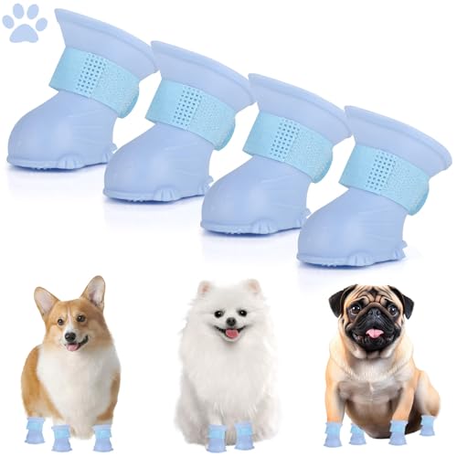 Regenstiefel für Hunde, 4 Stück wasserdichte Gummi Hundestiefel, rutschfeste Regenschuhe mit Befestigungsband, Pet Shoes für Welpen, Katzen (Blau, M) von KoolYouth