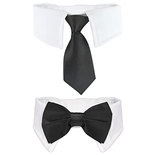 KOOLMOX Hunde-Krawatte, handgefertigt, verstellbar, weißes Halsband mit schwarzer Krawatte und Schleife für Haustiere, Katzenfliege für mittelgroße Hunde, Smokinganzug, Hochzeit, 2 Stück, schwarz von Koolmox