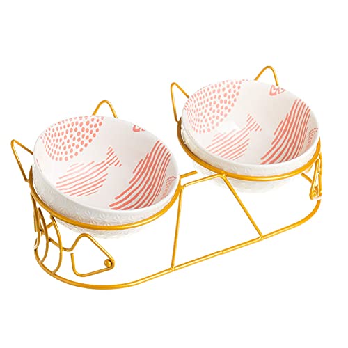 Koomiao 2 Keramikschüsseln mit Metallständer, erhöhter Futternapf, Kätzchen, um 15° neigbar, Futter- und Wassernapf für Katzen und kleine Hunde, Halsschutz (Rosa – Gold) von Koomiao