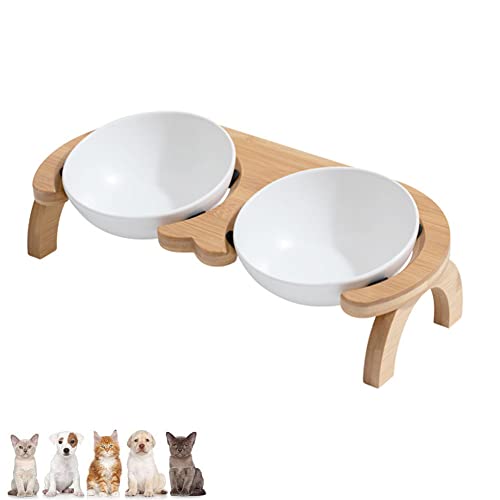 Koomiao Futternapf Katze mit Halter,Keramik Futterschale,Futterstation für Katzen Hunde ,Fressnapf Katze Erhöht Geeignet Kleine Mittelgroße Katzen und Hunde (300ml, Double Bowl-Weiß) von Koomiao