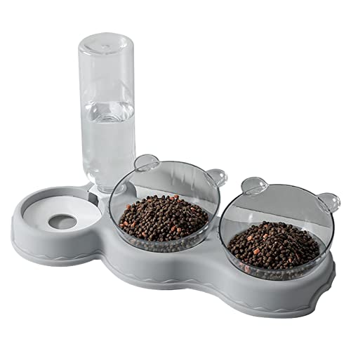 Koomiao Katzennapf 15° Neigung, 3 in 1 Futternapf Katzen,Doppelter Fressnapf mit Automatischem Wasserspende für Katze Welpe Hamster Kaninchen Kleine Tiere (Grau) von Koomiao