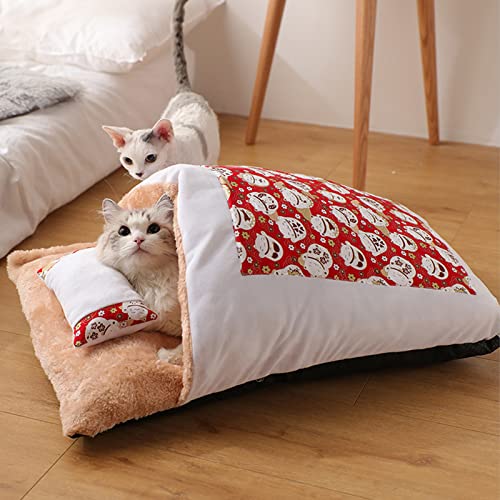 Koomiao Katzenschlafsack,Geschlossen Katzenbett mit Kissen , Geschlossen Abnehmbare Katzenhöhle Katzenhöhle Katzenmatte Haustierbett für Katzen Hündchen (L(65×50cm), Rot) von Koomiao