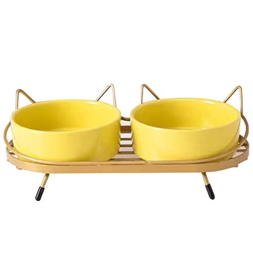 Koomuao Futternapf für Katzen, Keramik, erhöhter Futternapf, Doppelschüssel für Katzen, Mittagessen, mit geneigter Halterung, Schutzhals für Katzen und Welpen, leicht zu reinigen (gelb + goldfarben) von Koomuao