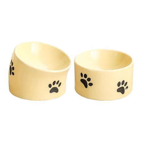 Liemuao Futternapf Katze Erhöht 2er Set Katzennapf Keramik,Anti Erbrechen Fressnapf Katze,Fressnapf Katze Hoch mit Neigung Design,Katzennäpfe Schützen den Nacken (2pcs-Gelb) von Koomuao