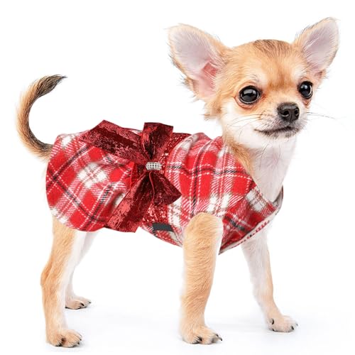 Rotes Hundekleid, Hundepullover – Hundekleidung für kleine Hunde – Welpen-Pulloverkleid, Prinzessinnenkleid, kariertes Kleid, Haustier-Outfit, Urlaub, Festival, Welpen, Bekleidung, Hochzeit, von Kosiyi