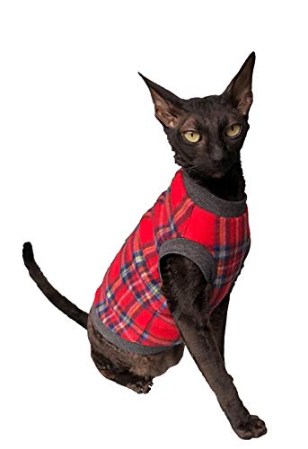 Kotomoda Cat's Sweater Plaid Red Grey Naked Cat Hairless Sphynx Cat Clothes (S) von Kotomoda