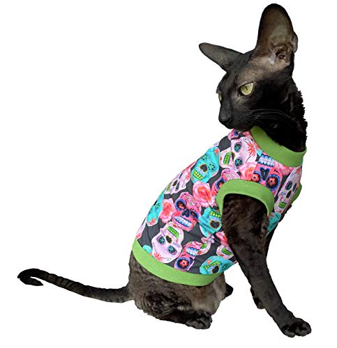 Kotomoda Haarlose Katze Baumwolle Stretch T-Shirt Mexican Sculls for Sphynx Cats (XS) von Kotomoda