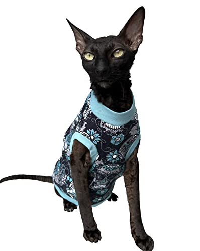 Kotomoda Katzen-T-Shirt Tьrkis Totenkopf fьr Sphynx und nackte Katzen (groя) von Kotomoda