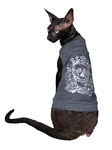 Kotomoda Sphynx T-Shirt mit Katzenmotiv, Bestickt, silberfarbene Krone, Scull # 3 (XL) von Kotomoda